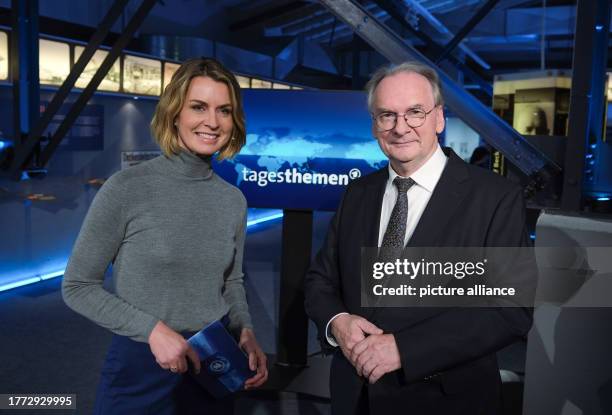 November 2023, Saxony-Anhalt, Bitterfeld-Wolfen: Presenter Jessy Wellmer and Reiner Haseloff , Minister President of Saxony-Anhalt, stand together at...