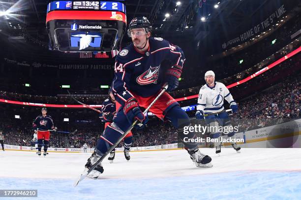 Erik Gudbranson of the Columbus Blue Jackets skates during the third period of a game against the Tampa Bay Lightning at Nationwide Arena on November...