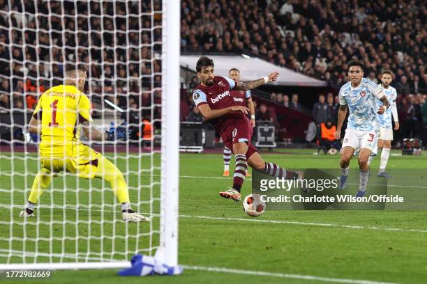 Lucas Paqueta of West Ham scores the only goal of the match during the Group A UEFA EUROPA match between West Ham United and Olympiacos FC at London...