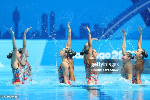 Swimmer of Team Mexico compete on Artistic Swimming - Team Acrobatic Routine at Centro Acuatico del Estadio Nacional on Day 14 of Santiago 2023 Pan...