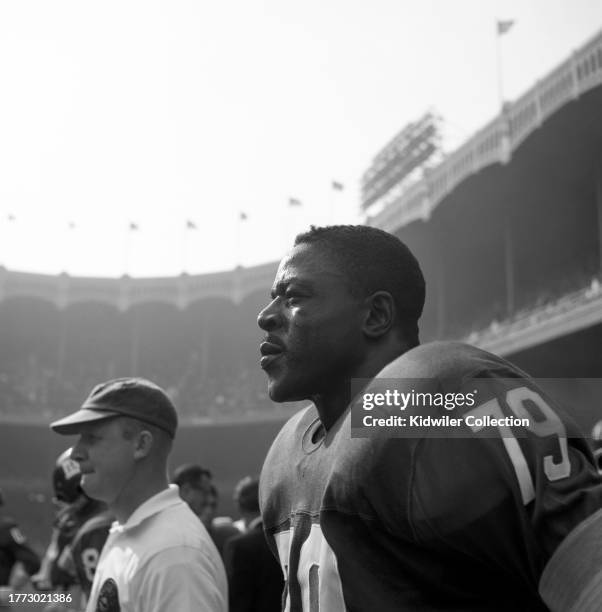 Roosevelt Brown of the New York Giants looks on during a game against the Pittsburgh Steelers at Yankee Stadium on October 14, 1962 in New York, New...