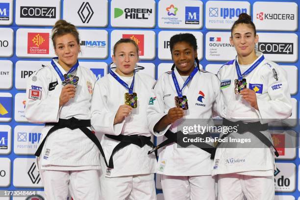 Marica Perisic of Serbia, Kurbonmamadova Daria , Sarah Leonie Cysique of France, Nora Gjakova in the medal ceremony -57 KG during the European Judo...