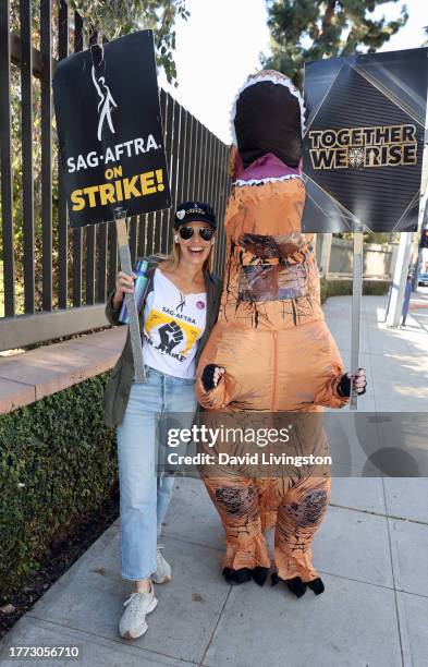 Jeri Ryan joins the picket line outside Warner Bros. Studios on November 03, 2023 in Burbank, California. SAG-AFTRA has been on strike since July 14,...