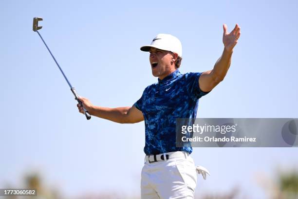 Cameron Champ of the United States reacts to a putt on the sixth green during the second round of the World Wide Technology Championship at El...