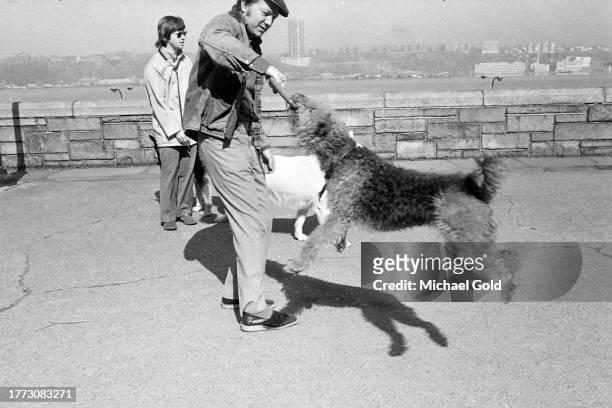 Dog grabbing a toy and lifted up by its owner in Riverside Park on the Upper West Side of New York City, 1971.