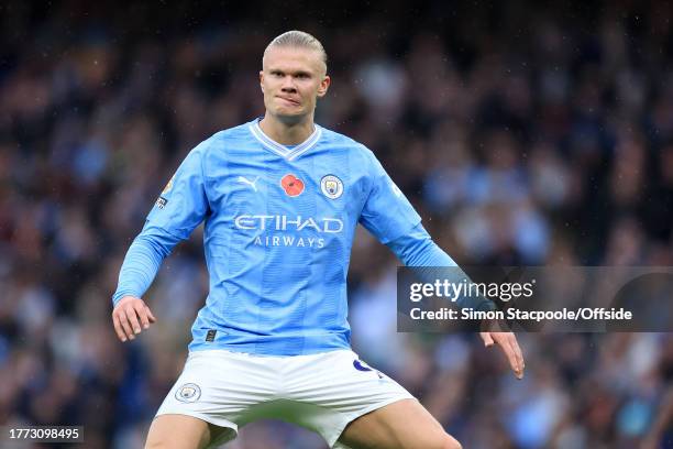 Erling Haaland of Manchester City looks on during the Premier League match between Manchester City and AFC Bournemouth at Etihad Stadium on November...