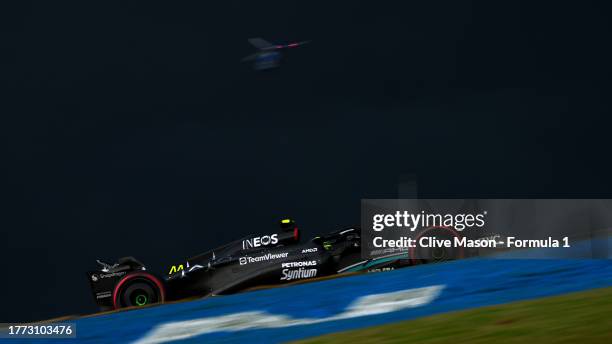 Lewis Hamilton of Great Britain driving the Mercedes AMG Petronas F1 Team W14 on track during qualifying ahead of the F1 Grand Prix of Brazil at...