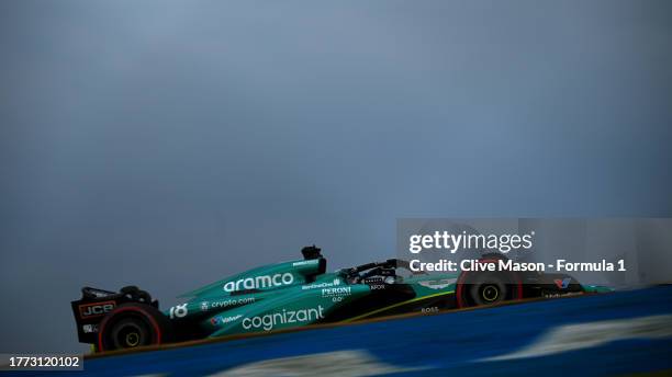 Lance Stroll of Canada driving the Aston Martin AMR23 Mercedes on track during qualifying ahead of the F1 Grand Prix of Brazil at Autodromo Jose...