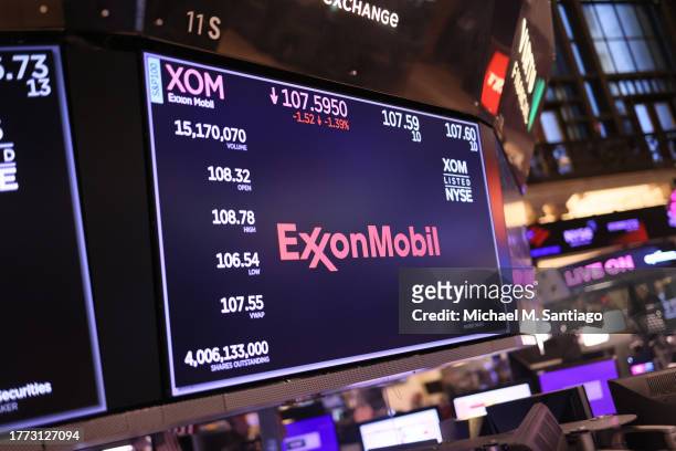 The ExxonMobil company logo is displayed on a screen at the New York Stock Exchange during afternoon trading on November 03, 2023 in New York City....
