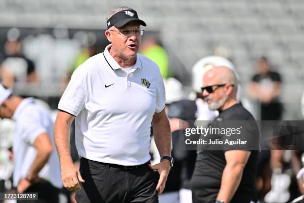 Head coach Gus Malzahn of the UCF Knights looks on prior to a game against the West Virginia Mountaineers at FBC Mortgage Stadium on October 28, 2023...