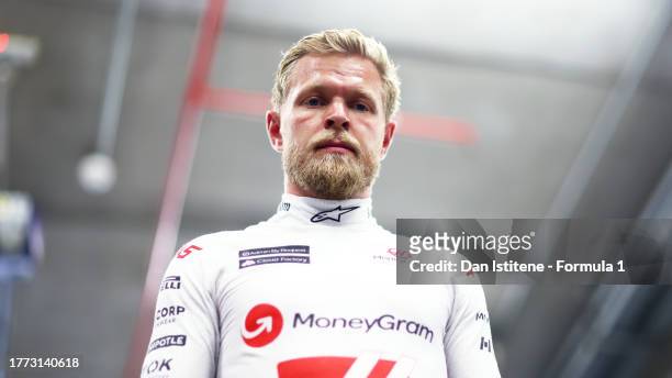 Fourteenth placed qualifier Kevin Magnussen of Denmark and Haas F1 looks on in the FIA Garage after qualifying ahead of the F1 Grand Prix of Brazil...