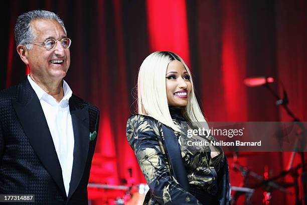 President and CEO Del Bryant and Nicki Minaj speak onstage at the 2013 BMI R&B/Hip-Hop Awards at Hammerstein Ballroom on August 22, 2013 in New York...