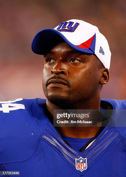 Mathias Kiwanuka of the New York Giants looks on against the Indianapolis Colts during their preseason game on August 18, 2013 at MetLife Stadium in...