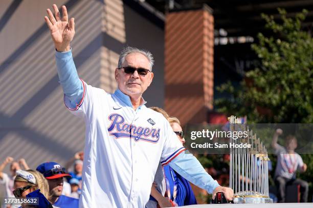 Manager Bruce Bochy of the Texas Rangers waves to fans during the World Series Championship parade at Globe Life Field on November 03, 2023 in...
