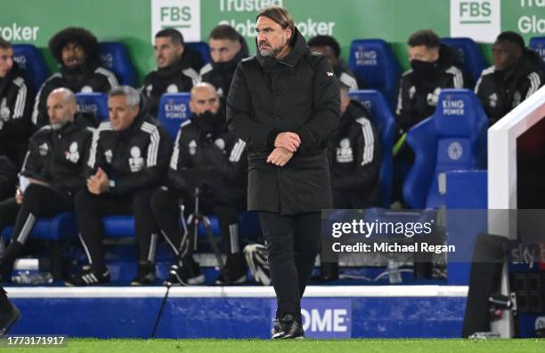 Daniel Farke, Leeds Manager, looks on during the Sky Bet Championship match between Leicester City and Leeds United at The King Power Stadium on...