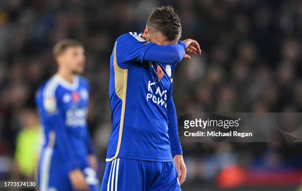 Jamie Vardy of Leicester City looks dejected during the Sky Bet Championship match between Leicester City and Leeds United at The King Power Stadium...