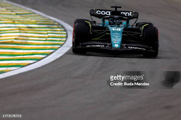 Lance Stroll of Canada driving the Aston Martin AMR23 Mercedes on track during qualifying ahead of the F1 Grand Prix of Brazil at Autodromo Jose...