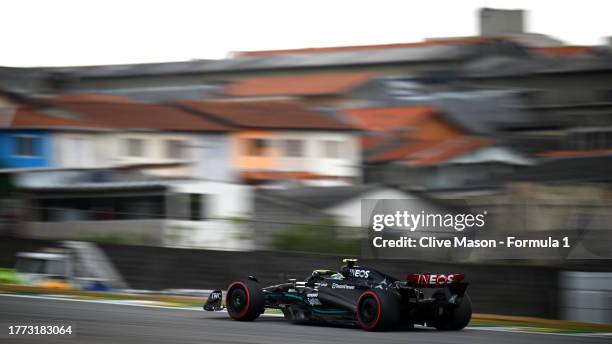 Lewis Hamilton of Great Britain driving the Mercedes AMG Petronas F1 Team W14 on track during qualifying ahead of the F1 Grand Prix of Brazil at...