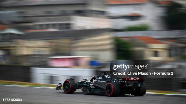 George Russell of Great Britain driving the Mercedes AMG Petronas F1 Team W14 on track during qualifying ahead of the F1 Grand Prix of Brazil at...