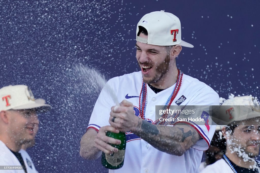 Jonah Heim of the Texas Rangers celebrates during the World Series