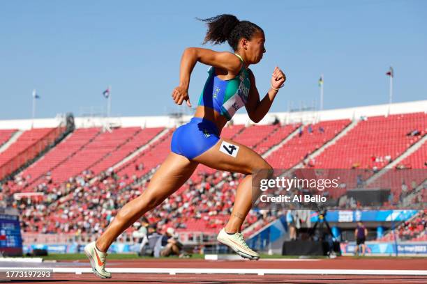 Marlene Santos of Team Brazil competes on Women's 400m Hurdles at Estadio Nacional de Chile on Day 14 of Santiago 2023 Pan Am Games on November 03,...