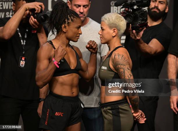 Opponents Angela Hill and Denise Gomes of Brazil face off during the UFC Fight Night ceremonial weigh-in at Ibirapuera Gymnasium on November 03, 2023...