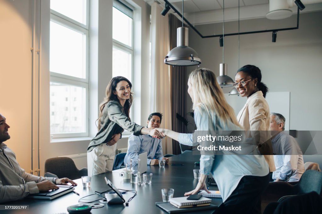 Smiling businesswoman shaking hand and greets client during meeting in office