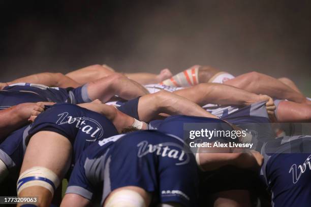 The players of Sale Sharks and Gloucester Rugby scrum during the Gallagher Premiership Rugby match between Sale Sharks and Gloucester Rugby at AJ...