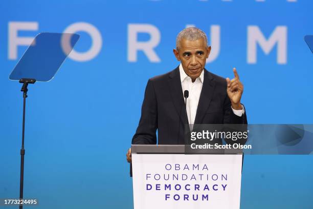 Former President Barack Obama speaks to attendees at the Obama Foundation Democracy Forum on November 03, 2023 in Chicago, Illinois. Obama spoke...