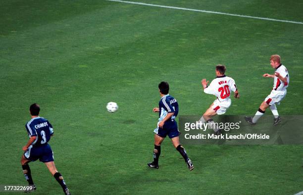 June 1998 Fifa World Cup - England v Argentina - Michael Owen scores a wonder goal for England watched by Paul Scholes .