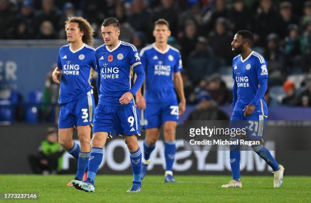 Jamie Vardy of Leicester City looks dejected after Georginio Rutter of Leeds United scored his teams first goal during the Sky Bet Championship match...