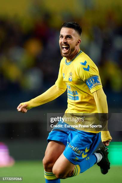 Kirian of UD Las Palmas celebrates a goal during the Spanish league, La Liga EA Sports, football match played between UD Las Palmas and Atletico de...