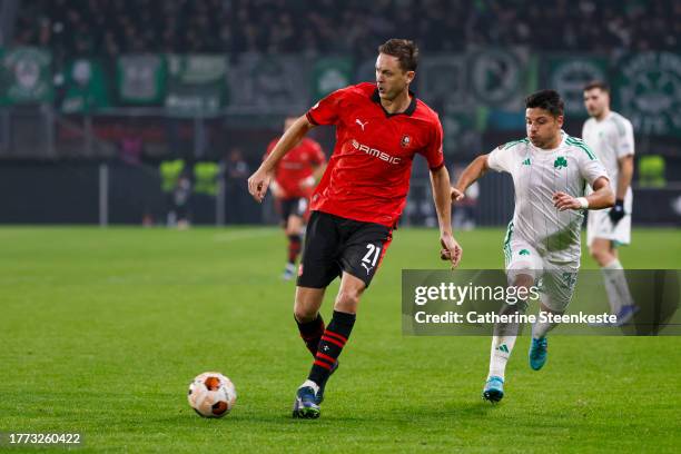 Nemanja Matic of Stade Rennais FC controls the ball against Sebastian Palacios of Panathinaikos FC during the UEFA Europa League match between Stade...