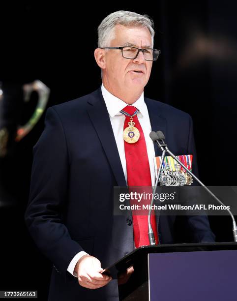 Lieutenant General Richard Maxwell 'Rick' Burr AO DSC MVO is seen during the Ron Barassi State Memorial Service at the Melbourne Cricket Ground on...