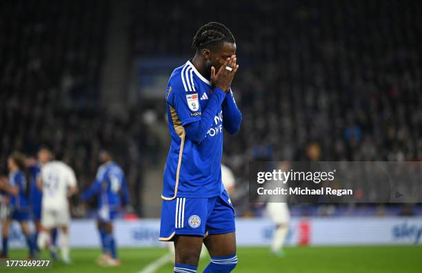 Stephy Mavididi of Leicester City reacts during the Sky Bet Championship match between Leicester City and Leeds United at The King Power Stadium on...