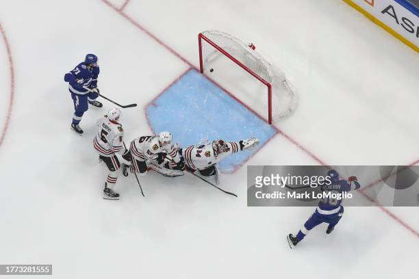 Nikita Kucherov of the Tampa Bay Lightning scores a goal against the Chicago Blackhawks during the first period at Amalie Arena on November 9, 2023...