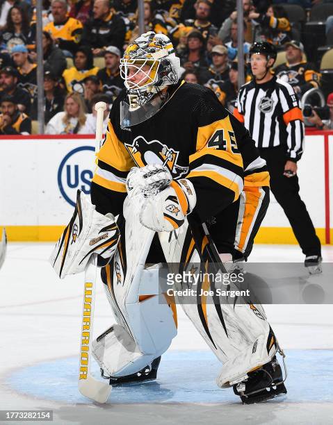 Magnus Hellberg of the Pittsburgh Penguins defends the net against the Ottawa Senators at PPG PAINTS Arena on October 28, 2023 in Pittsburgh,...