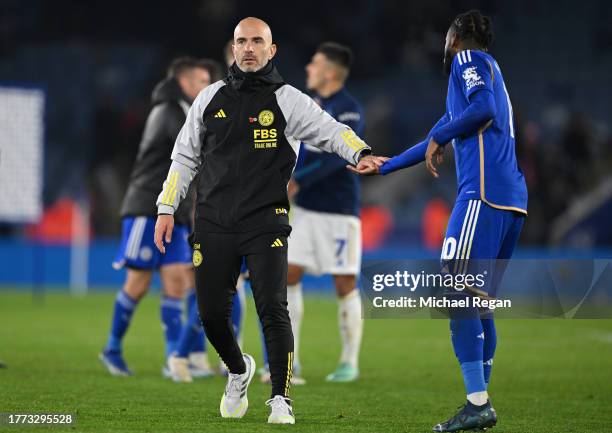 Enzo Maresca, Leicester City Manager and Stephy Mavididi of Leicester City react after the Sky Bet Championship match between Leicester City and...