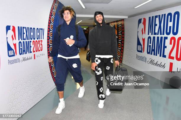 Anthony Black of the Orlando Magic and Jalen Suggs of the Orlando Magic arrives at the arena before the game against the Atlanta Hawks as part of...