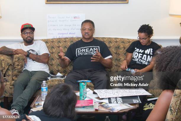 Dream Defenders Executive Director Phillip Agnew, Rev. Jesse Jackson, and Florida A&M University Dream Defenders President Melanie Andrade meet with...