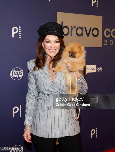 Lisa Vanderpump and her dog Donut of "Vanderpump Rules" television series attend BravoCon 2023 at Caesars Forum on November 03, 2023 in Las Vegas,...