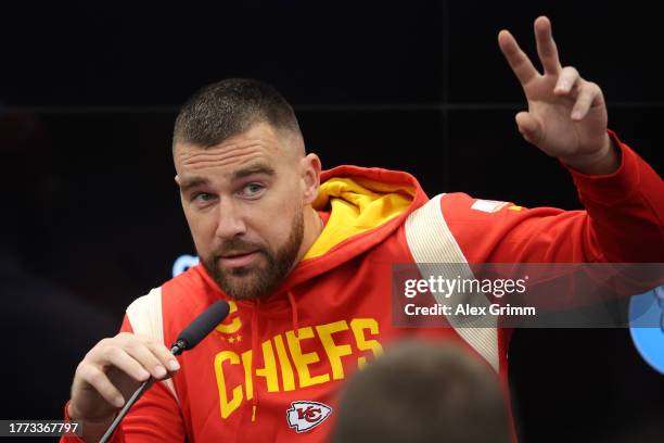 Travis Kelce talks to the media during a Kansas City Chiefs press conference at DFB Campus on November 03, 2023 in Frankfurt am Main, Germany.