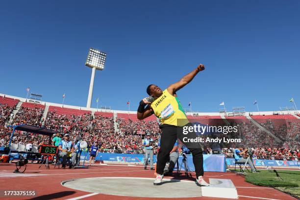 Dayne Richards of Team Jamaica competes on Men's Shot Put Final at Estadio Nacional de Chile on Day 14 of Santiago 2023 Pan Am Games on November 03,...