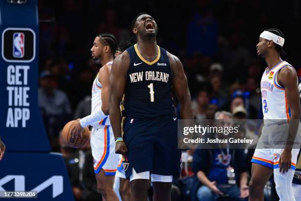 Zion Williamson of the New Orleans Pelicans celebrates during the second half against the Oklahoma City Thunder at Paycom Center on November 1, 2023...