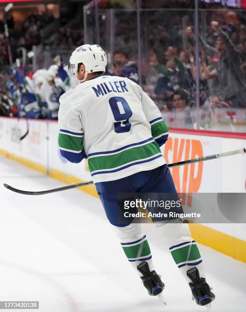 Miller of the Vancouver Canucks celebrates his second period goal against the Ottawa Senators at Canadian Tire Centre on November 9, 2023 in Ottawa,...