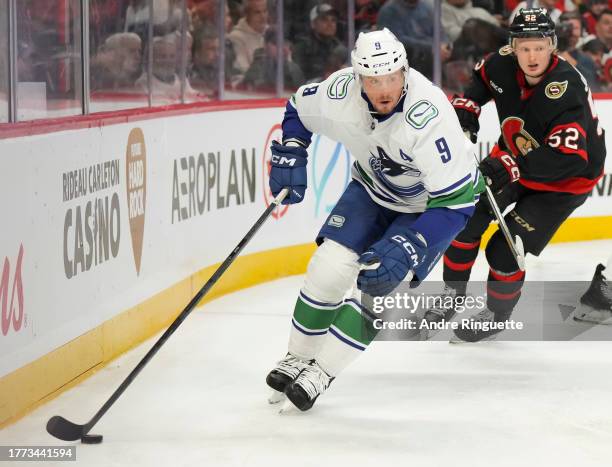 Miller of the Vancouver Canucks controls the puck against the Ottawa Senators at Canadian Tire Centre on November 9, 2023 in Ottawa, Ontario, Canada.