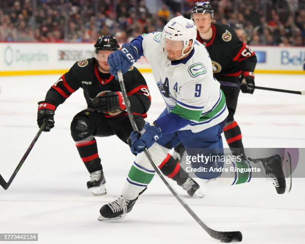 Miller of the Vancouver Canucks shoots the puck against the Ottawa Senators at Canadian Tire Centre on November 9, 2023 in Ottawa, Ontario, Canada.
