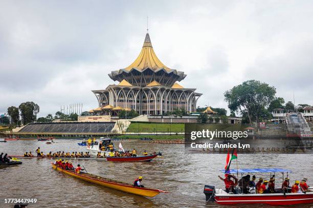 General view of the Sarawak State Legislative Assembly Building as competitors take part in the Sarawak Regatta 2023 on November 03 in Kuching,...