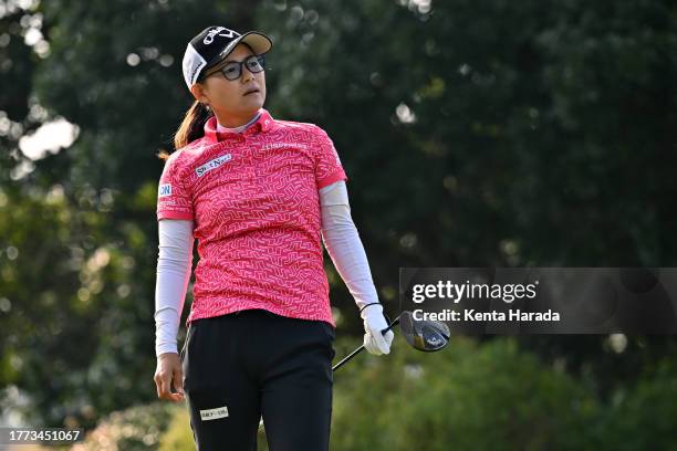 Sakura Yokomine of Japan reacts after her tee shot on the 1st hole during the final round of Meiji Yasuda Ladies Open Golf Tournament at Ibaraki...