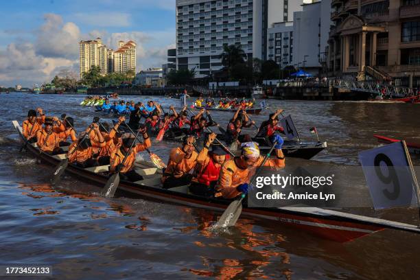 Competitors participate in the Sarawak Regatta 2023 on November 03, 2023 in Kuching, Sarawak, Malaysia. The Sarawak Regatta, an annual paddling event...